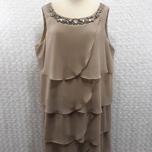 Jeweled Neckline Sheer Taupe Ruffled Formal Dress